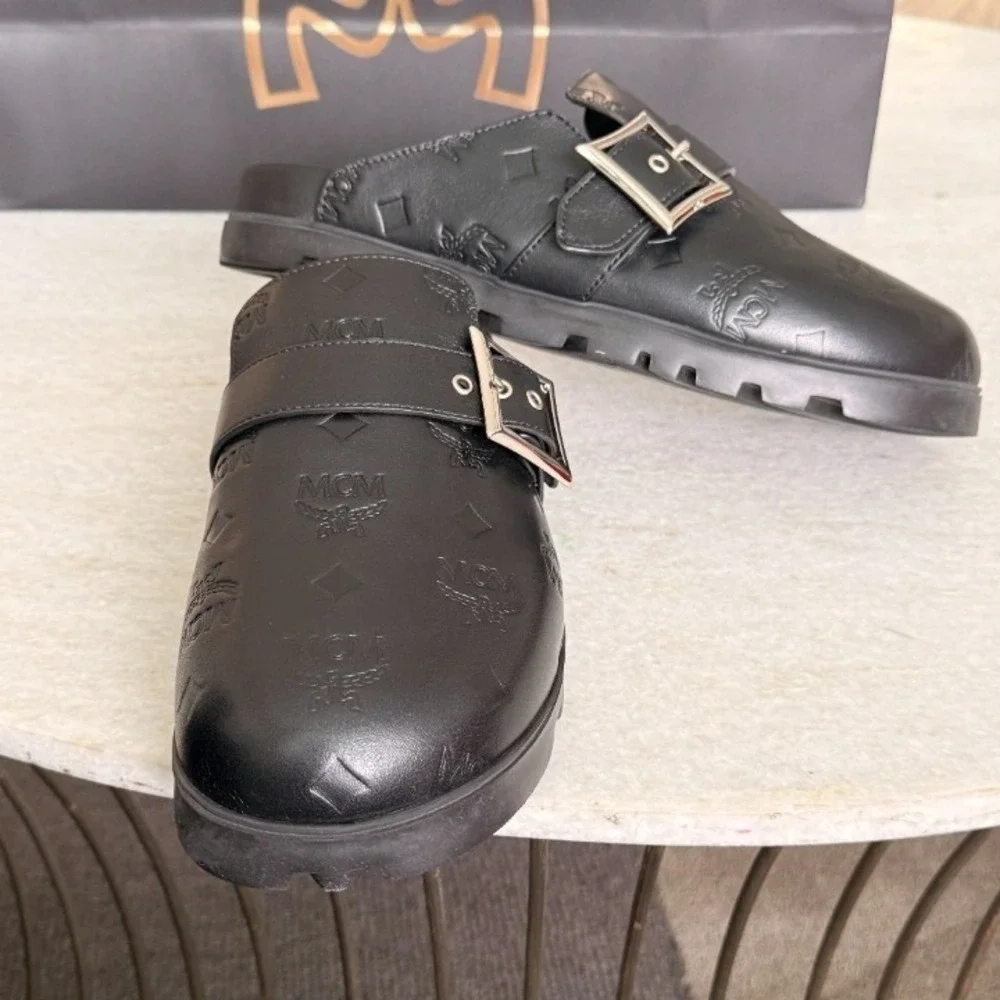 MCM Leather Men's Buckle Clogs (Flat‎ Mule In Black) Sizes 42